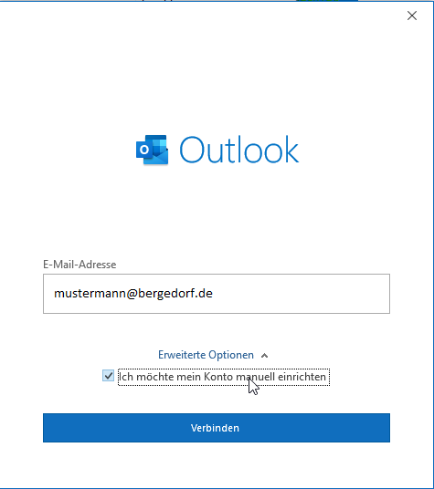 E-Mail Adresse angeben und manuellen Mode wählen